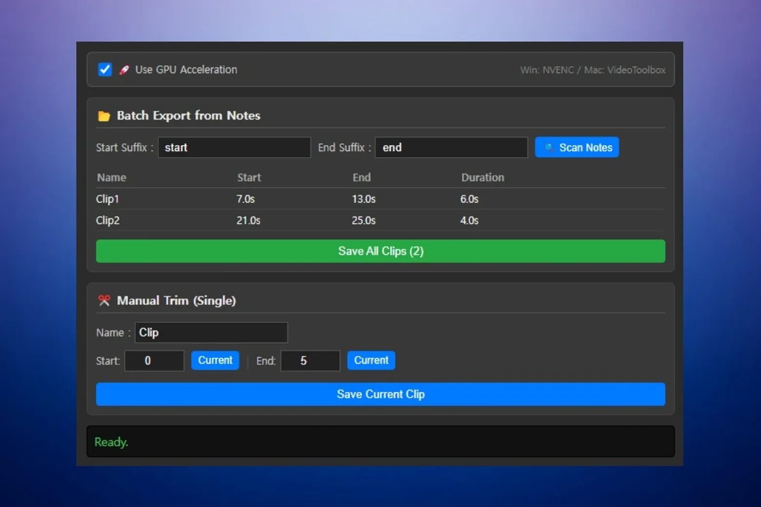 Batch creates video clips based on timestamps in notes.