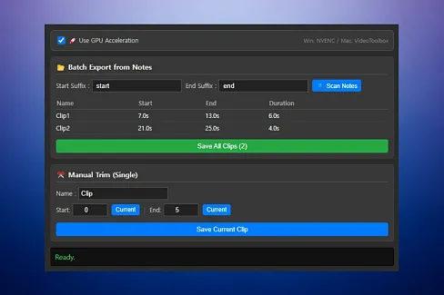 Batch creates video clips based on timestamps in notes.
