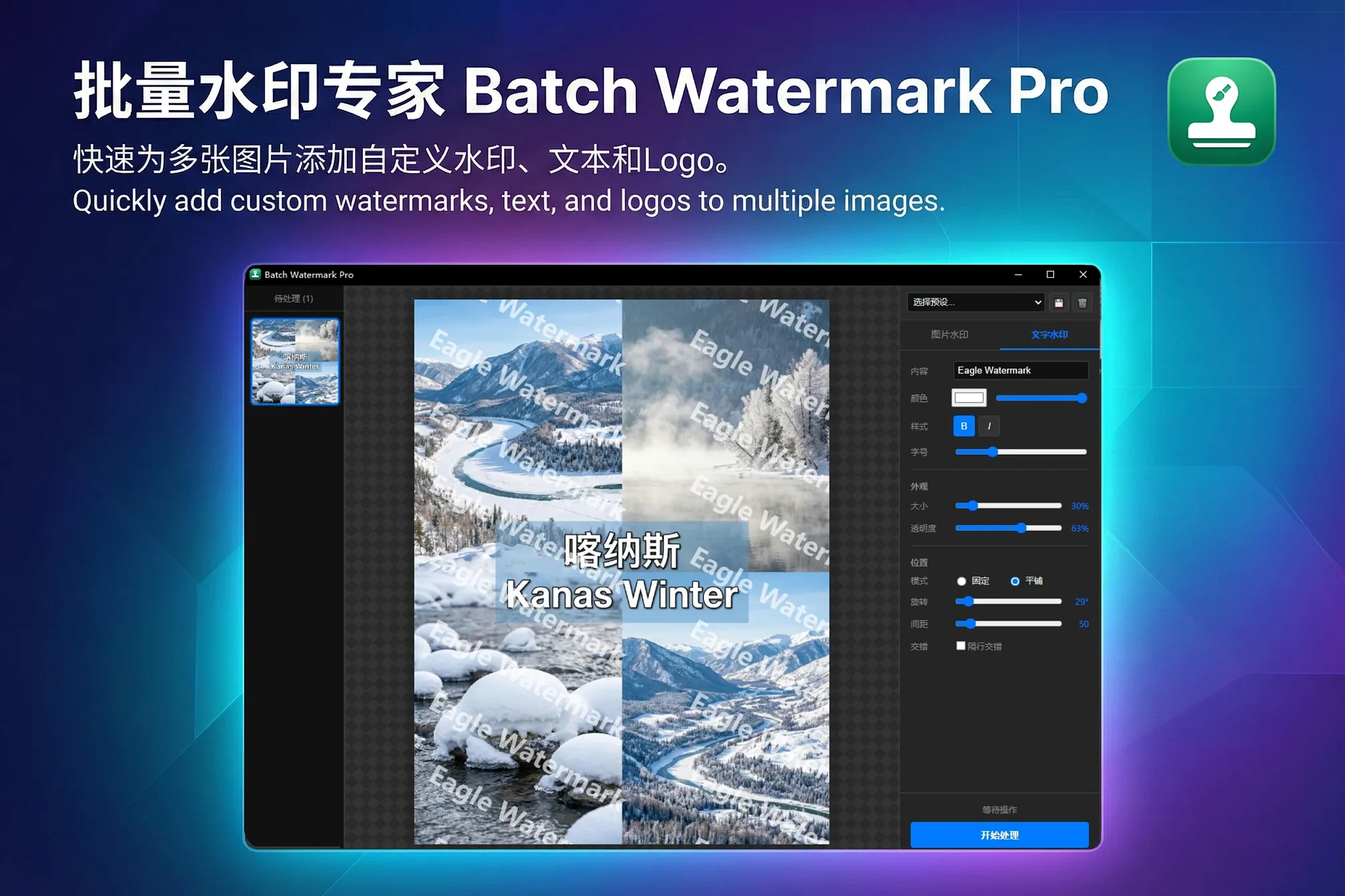 Professional image/text watermark tool with tiling, rotation, and WYSIWYG preview.