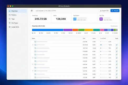 Analyze your Eagle library by folder, tag, file type, and size.