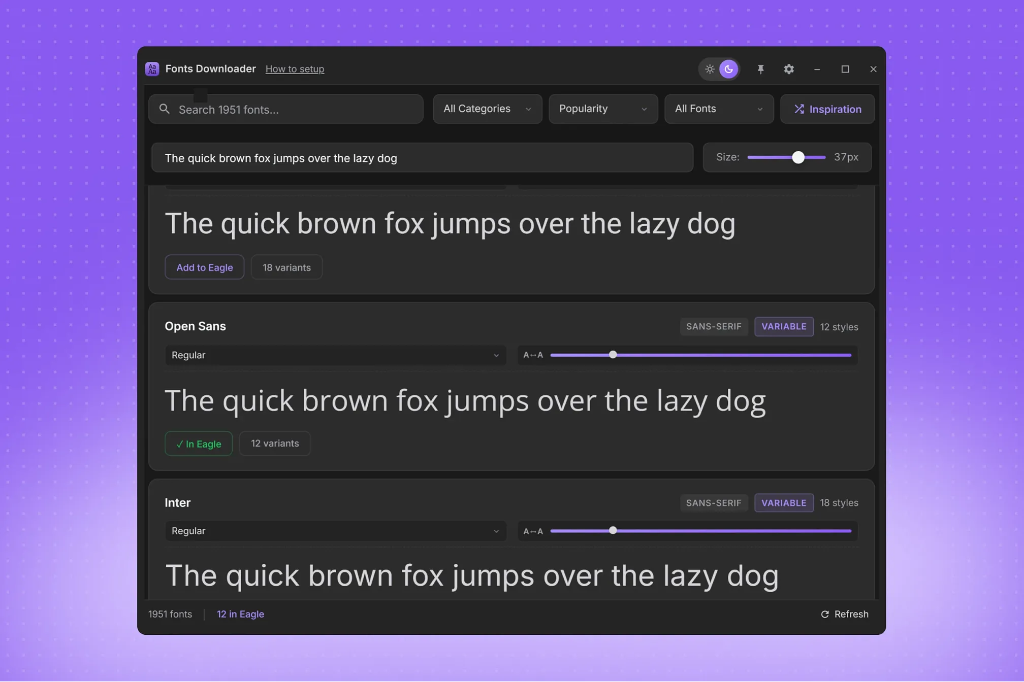 Browse and preview Google Fonts, then import font files into your Eagle library.