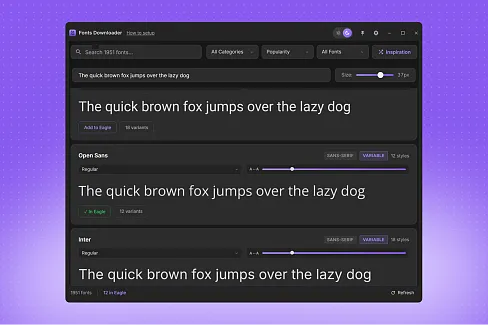 Browse and preview Google Fonts, then import font files into your Eagle library.