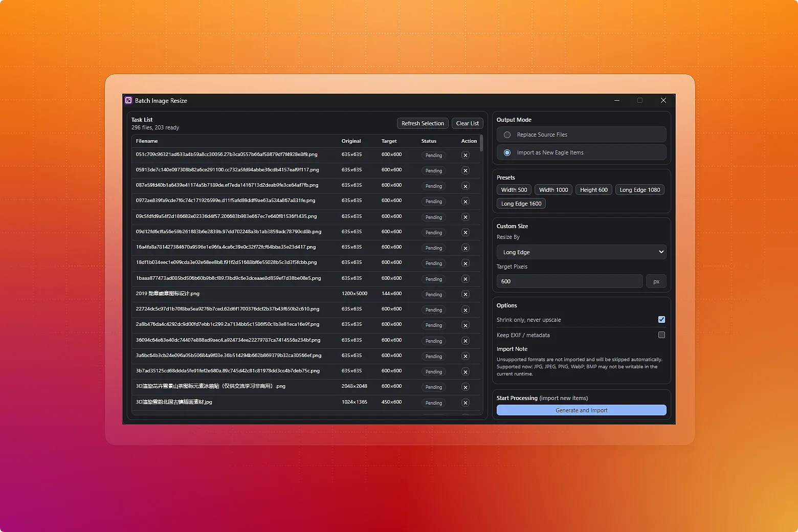 Batch resize images by width, height, long edge, or short edge, and either replace the source file or import the result as a new Eagle item.