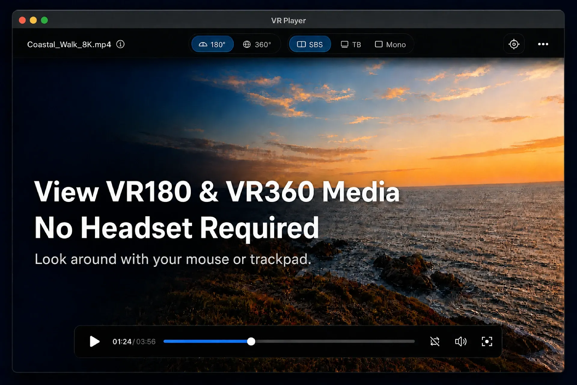 View VR180 and VR360 videos and images on your desktop without a headset.