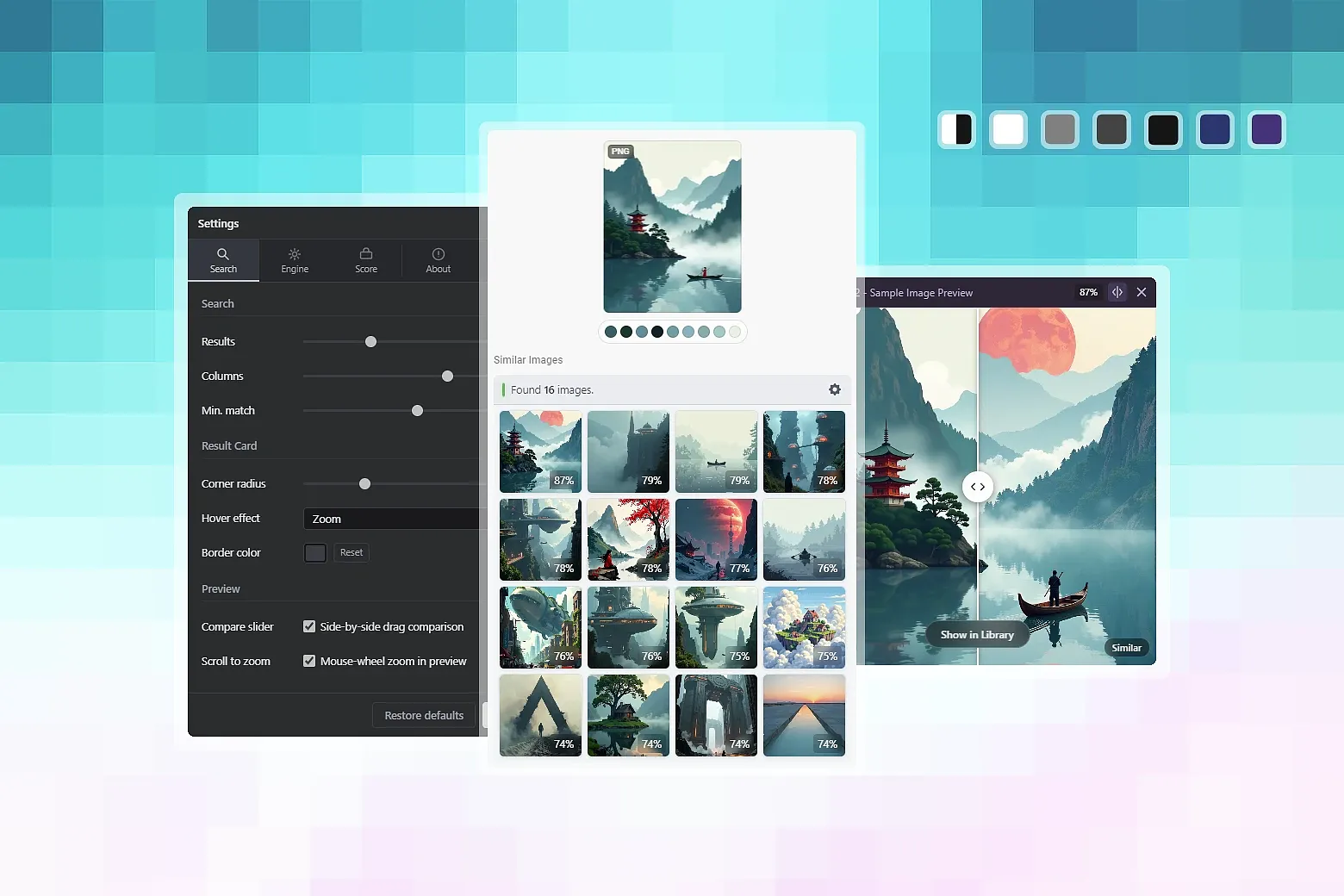 Find visually similar images to the currently selected asset using perceptual hashing and color analysis. Classic modes work fully offline; neural mode downloads its runtime and model once, then caches them locally.