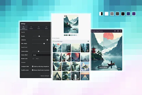 Find visually similar images to the currently selected asset using perceptual hashing and color analysis. Classic modes work fully offline; neural mode downloads its runtime and model once, then caches them locally.