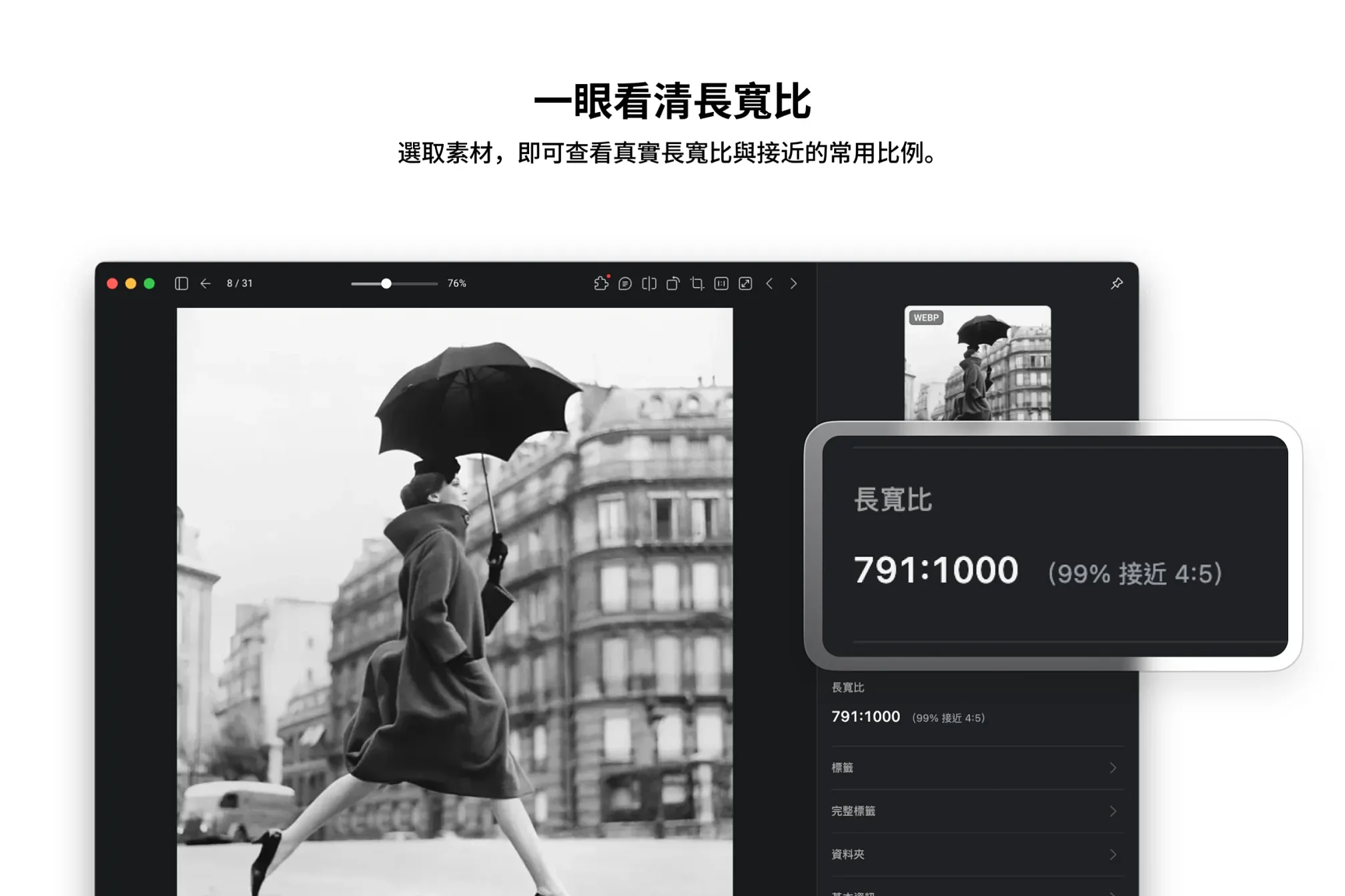查看素材真實長寬比，並提示最接近的常用比例，方便判斷圖片、影片和動態圖片適合的生成或裁切尺寸。