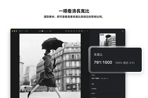 查看素材真實長寬比，並提示最接近的常用比例，方便判斷圖片、影片和動態圖片適合的生成或裁切尺寸。