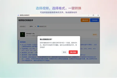 批量转换 Eagle 中选中的视频，支持 6 种输出格式，并可将结果添加为新项目或替换原文件。