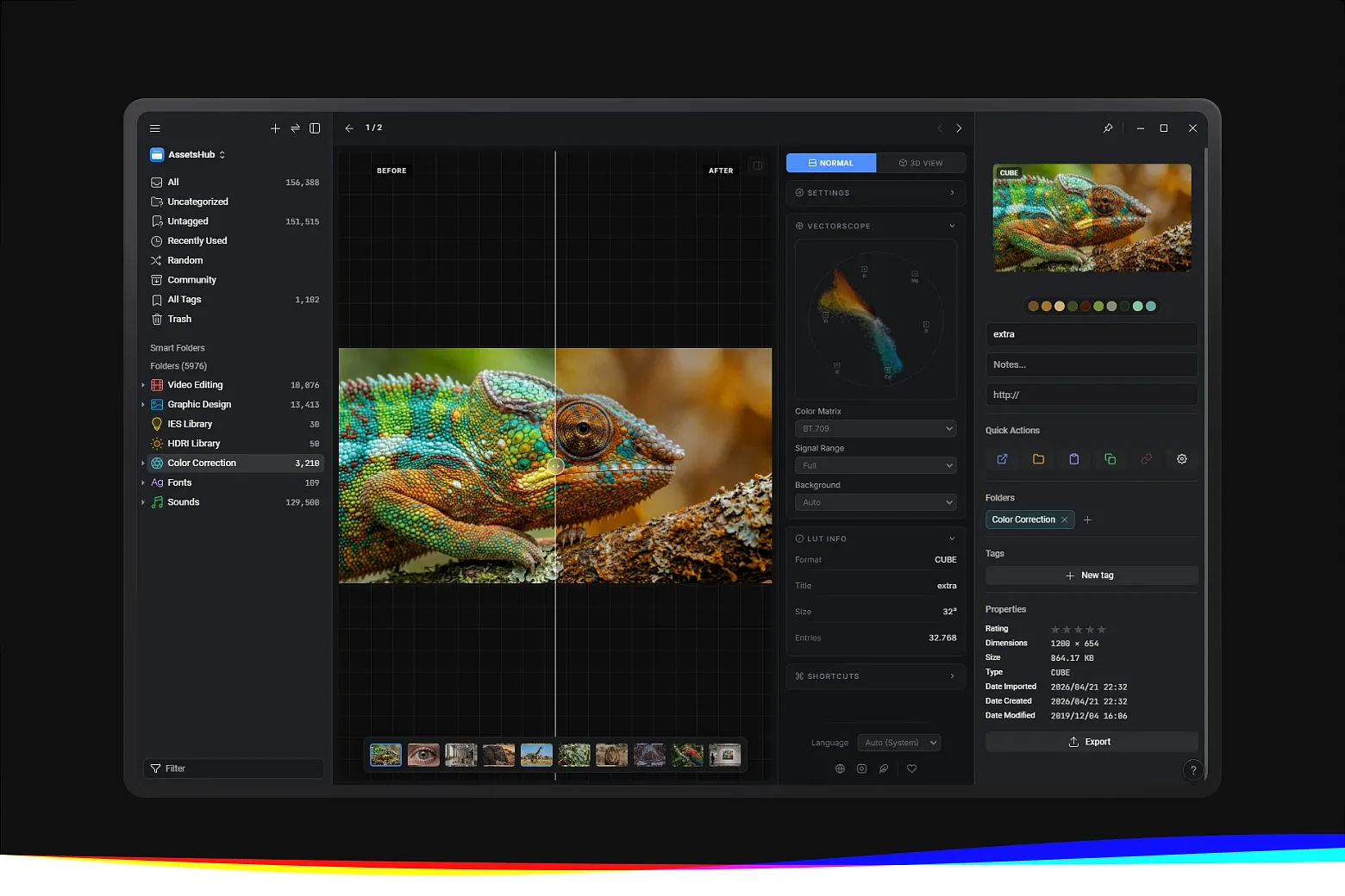 Transform your color grading workflow with instant LUT file visualization. Browse .cube and .3dl files directly in your Eagle library.