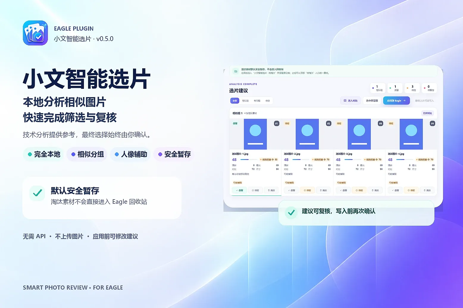 本地分析相似图片与技术质量，辅助完成分组、对比和选片；所有建议均可人工修改，淘汰素材默认安全暂存。