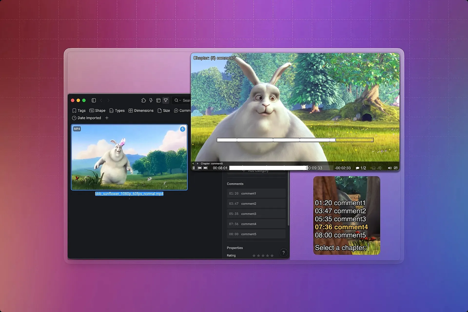 It enables video players based on mpv to load and play video comments as chapters