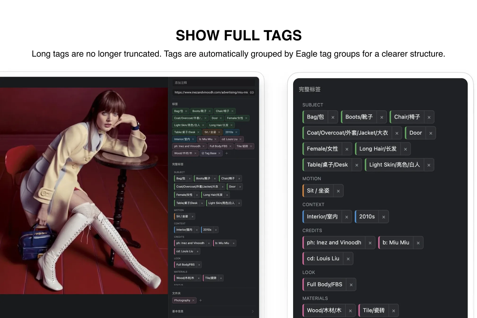 Show full item tags without truncation, automatically grouped by Eagle tag groups for a clearer structure.