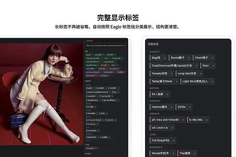完整显示素材标签，长标签不再被省略，并会自动按照 Eagle 标签组分类展示，结构更清楚。