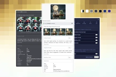 Displays embedded generation metadata — prompts, parameters, workflows — directly in Eagle's inspector panel. Supports Automatic1111, ComfyUI, NovelAI, and InvokeAI. Works fully offline. No external servers.