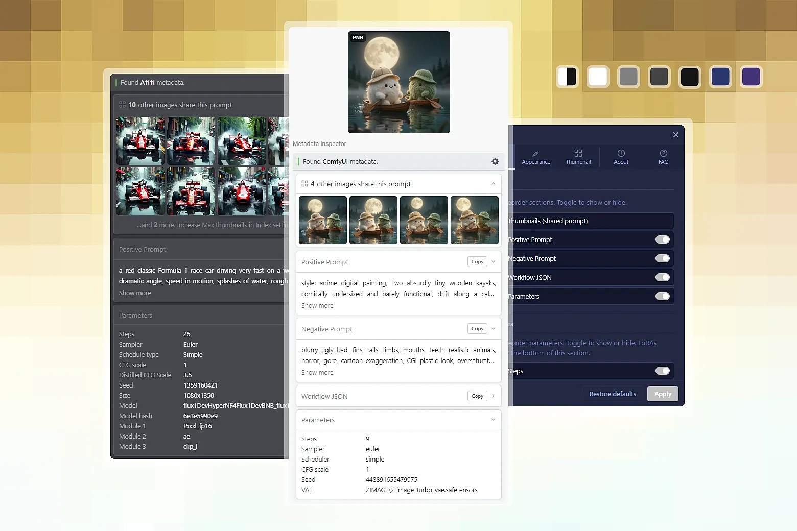Displays embedded generation metadata — prompts, parameters, workflows — directly in Eagle's inspector panel. Supports Automatic1111, ComfyUI, NovelAI, and InvokeAI. Works fully offline. No external servers.