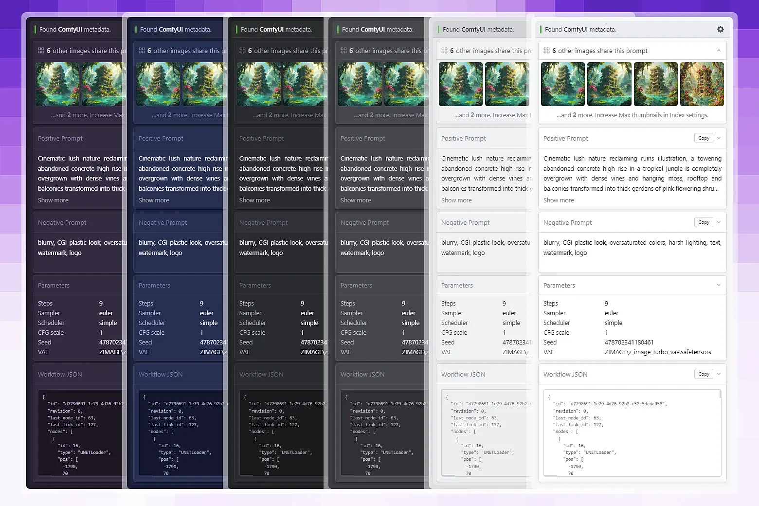 Displays embedded generation metadata - prompts, parameters, workflows - directly in Eagle's inspector panel. Supports Automatic1111, ComfyUI, NovelAI, and InvokeAI. Works fully offline. No external servers.