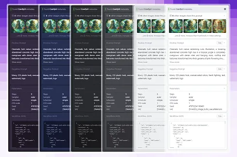 Displays embedded generation metadata - prompts, parameters, workflows - directly in Eagle's inspector panel. Supports Automatic1111, ComfyUI, NovelAI, and InvokeAI. Works fully offline. No external servers.