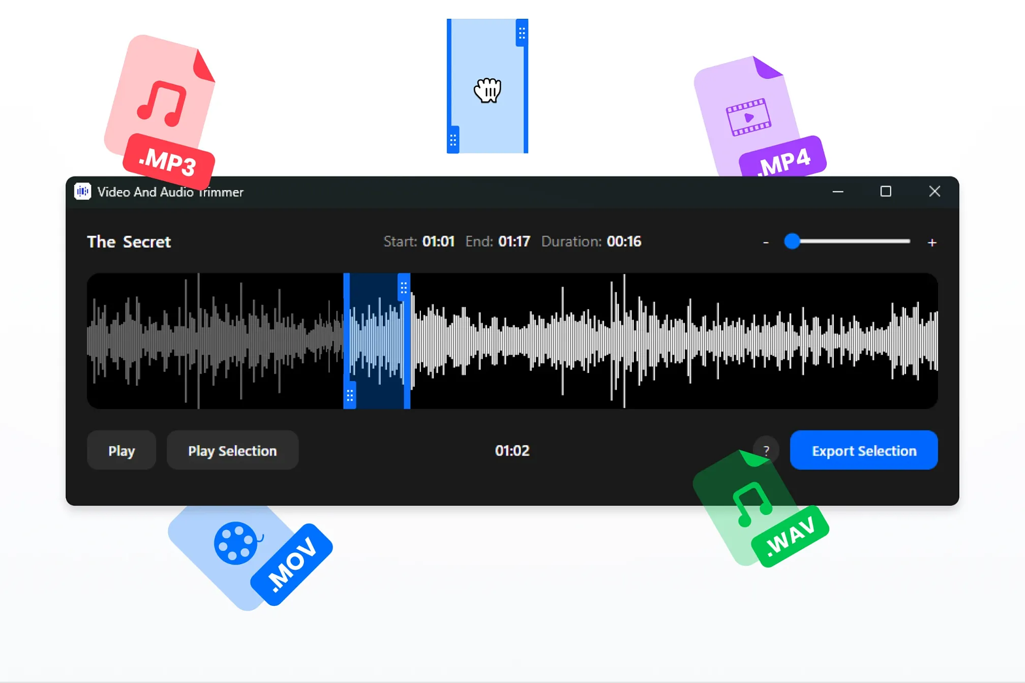 Quickly trim audio or video waveforms and drag & drop them into your favorite editor.