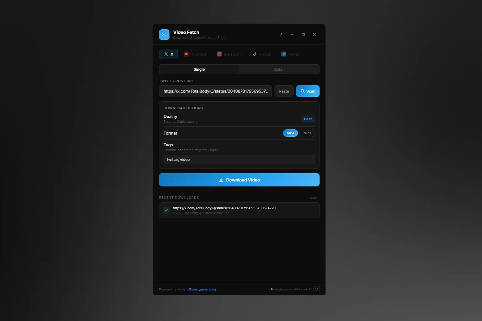 One-click video downloading from X, YouTube, Instagram, TikTok and Vimeo directly into your Eagle library. Auto-install, batch mode, keyboard shortcuts, custom frameless UI.