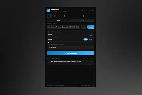 One-click video downloading from X, YouTube, Instagram, TikTok and Vimeo directly into your Eagle library. Auto-install, batch mode, keyboard shortcuts, custom frameless UI.