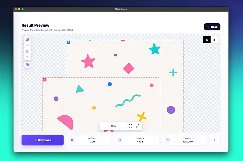 Automatically align two images and export the merged result.