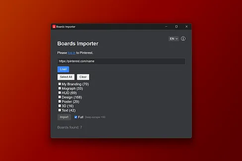 Import all pins from Pinterest boards directly into Eagle. Download images and videos with metadata, detect duplicates, and handle multiple boards at once. Superior to Chrome extension with story-pins support and advanced duplicate detection.
