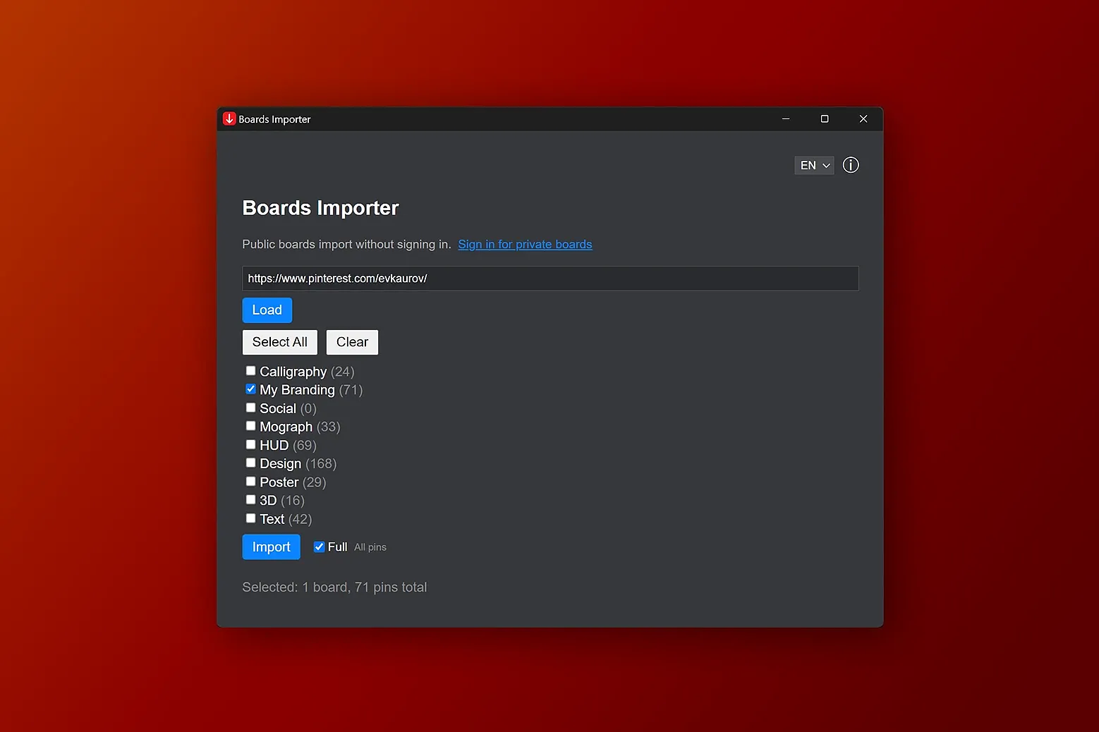 Import Pinterest media into Eagle. New items get Pinterest and board tags; matching existing items gain missing board tags and keep existing tags.