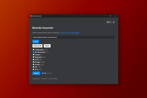 Import Pinterest media into Eagle. New items get Pinterest and board tags; matching existing items gain missing board tags and keep existing tags.