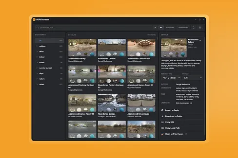 Browse, preview, favorite, download, and import Poly Haven HDRIs directly inside Eagle with fast search, format selection, and library-ready workflow.