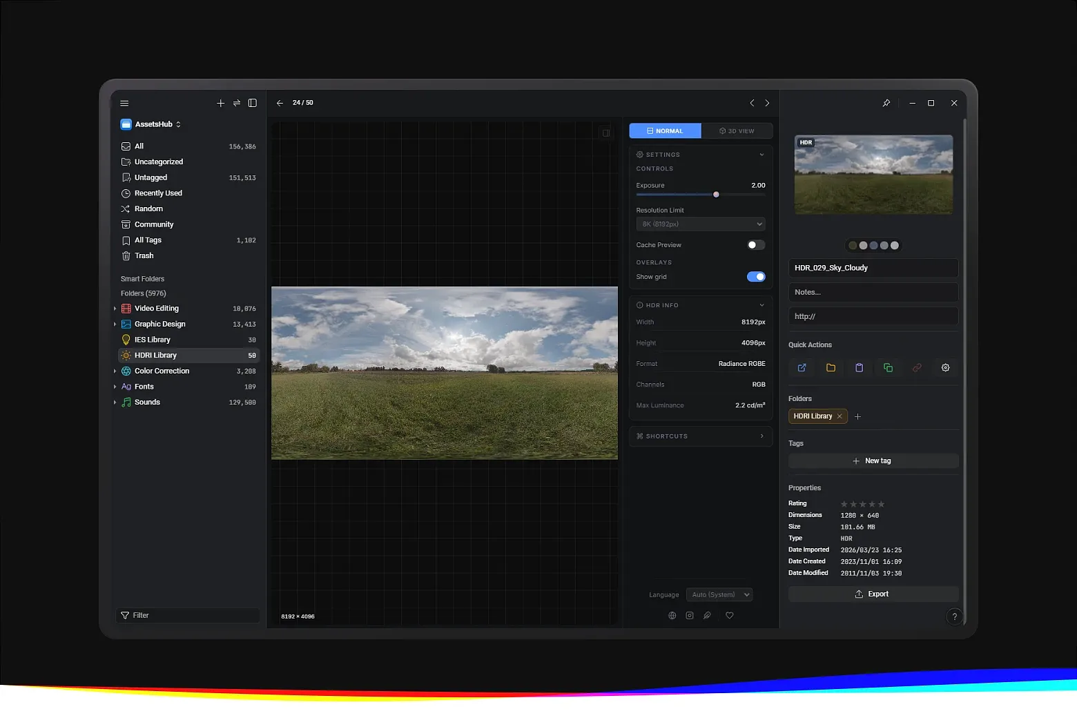 Visualize HDR and EXR environment maps directly in your Eagle library with real-time tone mapping and interactive 3D preview.