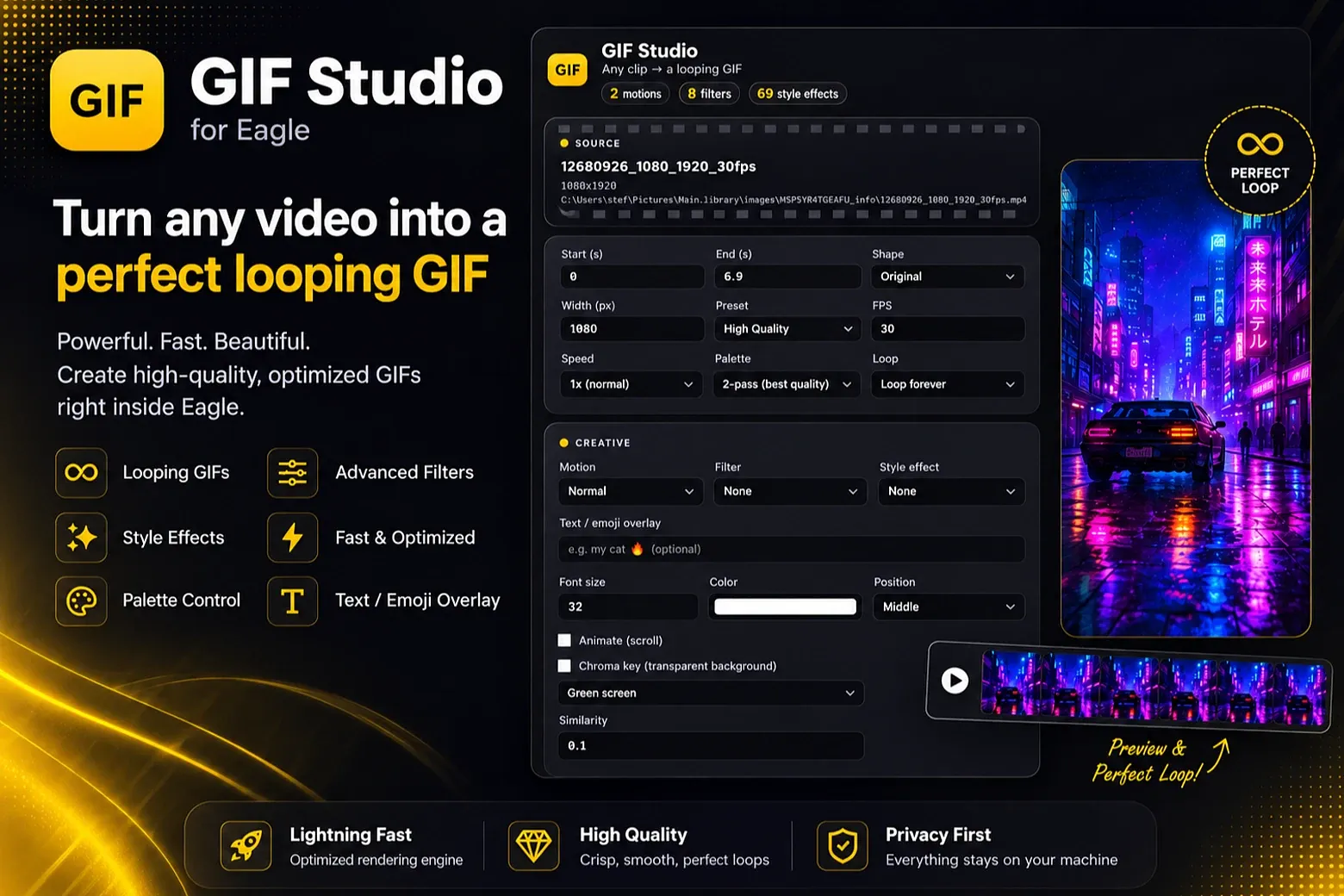 Convert videos to GIFs inside Eagle — 69 effects, captions, chroma key, and a preview before you encode.