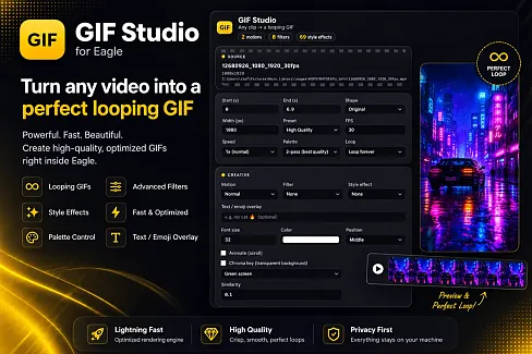 Convert videos to GIFs inside Eagle — 69 effects, captions, chroma key, and a preview before you encode.