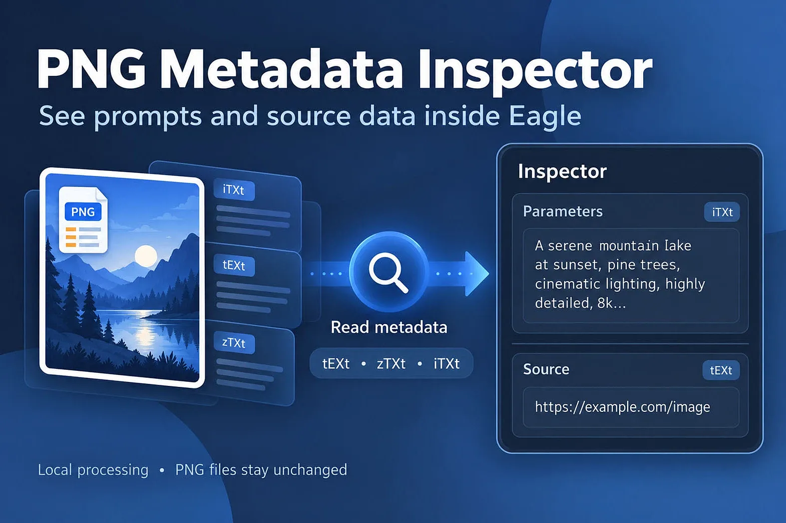 Read PNG prompts and source metadata in Eagle’s inspector.