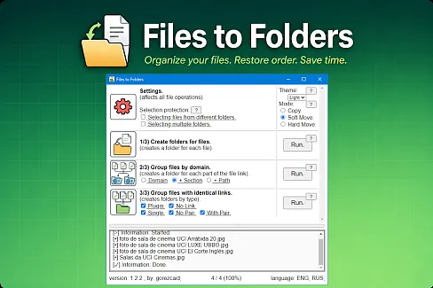 Automatically organize selected files into folders by file, domain, path, or source link.