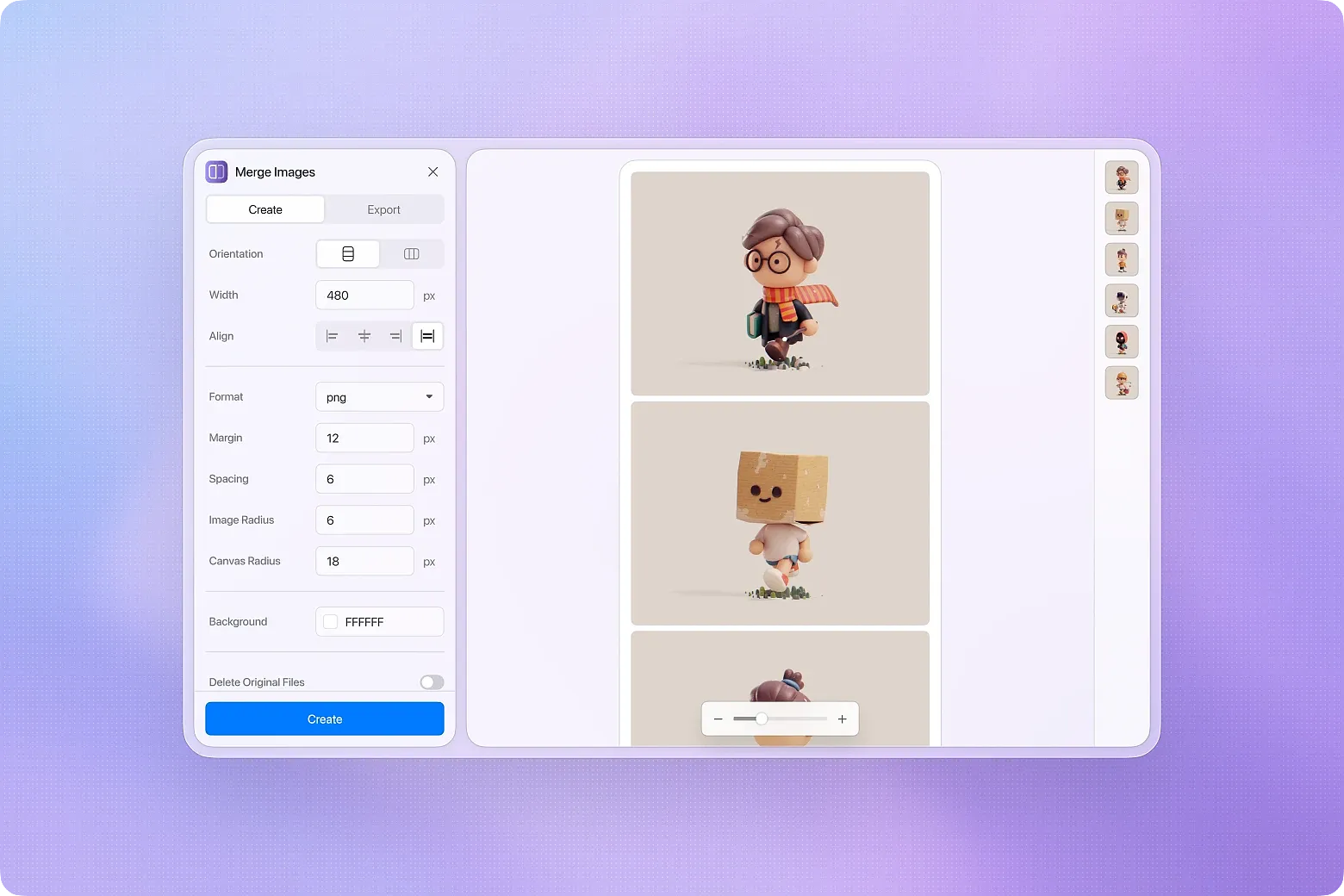 Combine multiple images in one click — with live preview, drag-and-drop reordering, and broad format support.