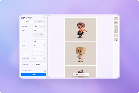 Combine multiple images in one click — with live preview, drag-and-drop reordering, and broad format support.