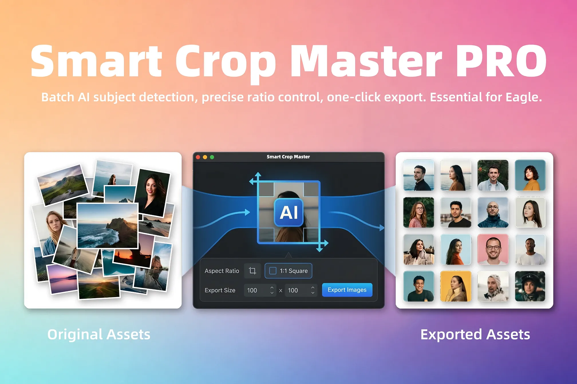 Smart batch cropping tool with AI subject detection, precise ratio control, and fixed-size export. An essential plugin for Eagle.
