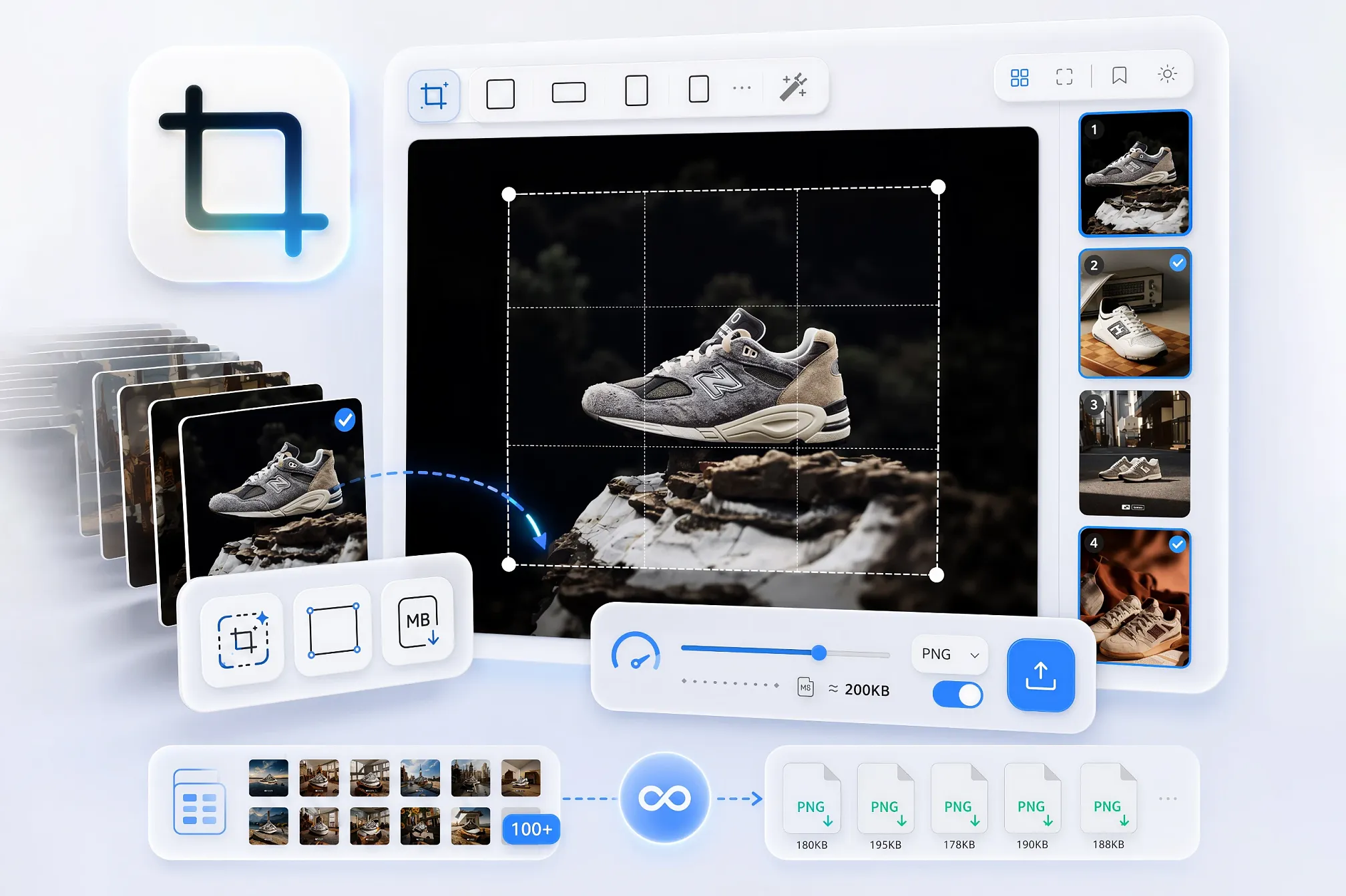 Batch crop, compress and convert images in Eagle. Smart framing places crops on the subject, and you can set output dimensions and a per-file size limit. Results export as new items.