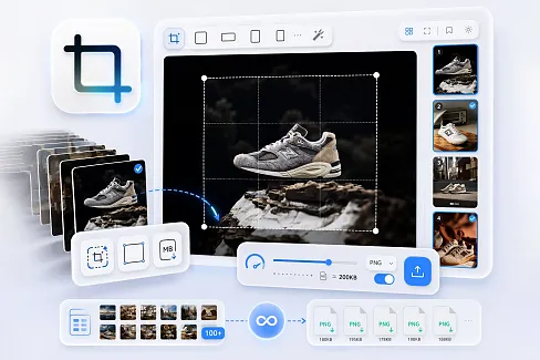 Batch crop, compress and convert images in Eagle. Smart framing places crops on the subject, and you can set output dimensions and a per-file size limit. Results export as new items.