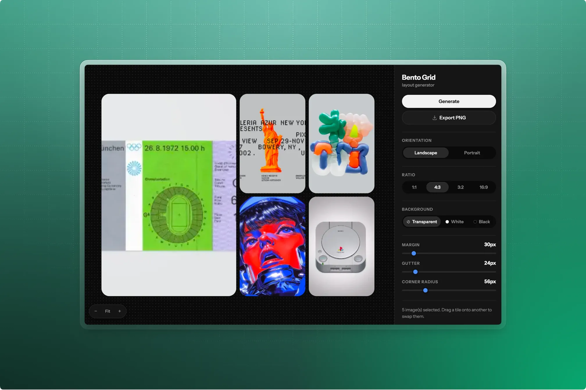 Generate polished bento-grid collages from your selected images and export them as high-resolution PNGs.