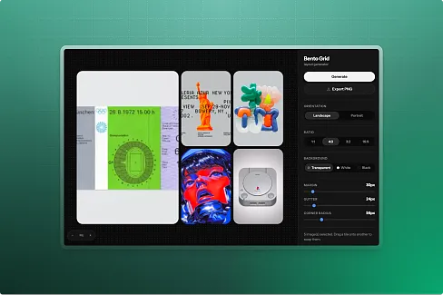 Generate polished bento-grid collages from your selected images and export them as high-resolution PNGs.