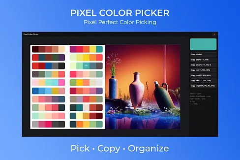 Pixel color picker with HEX, RGB, RGBA, HSL, HSV, HWB and CMYK support.