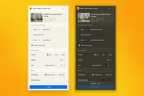 Quickly extract still frames from videos with full control over format, resolution, frequency, and naming.
